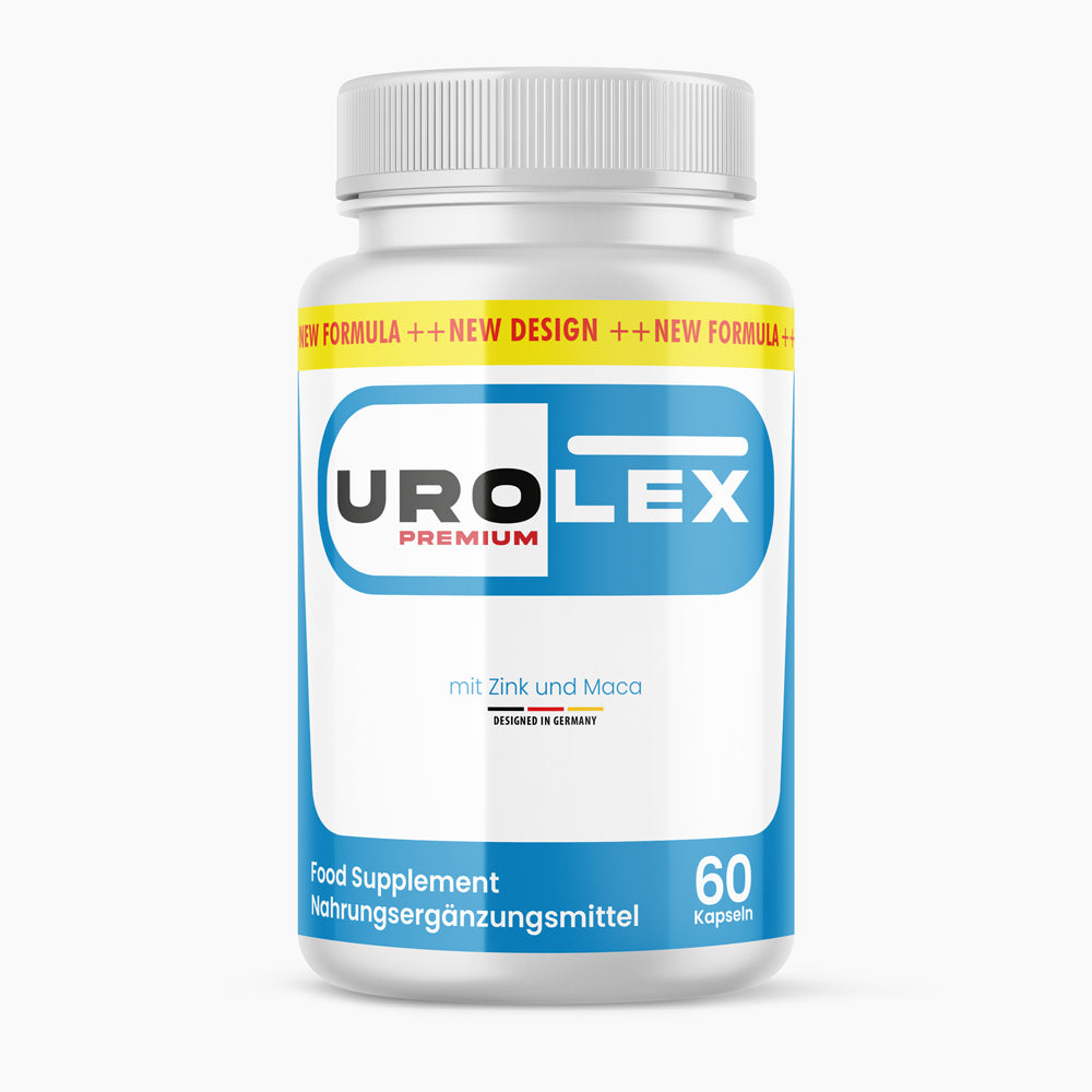 Dose mit blauem Designfeld und Schrift Urolex Premium mit Zink und Maca 60 Kapseln