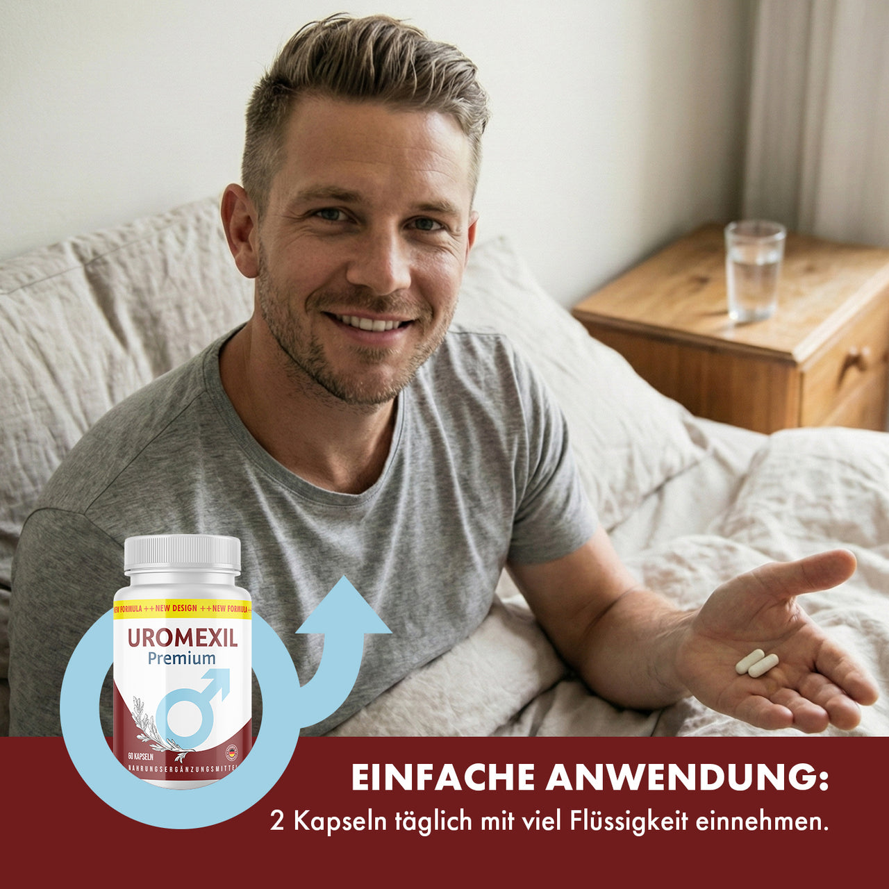 Grafik mit Mann im Bett, Uromexil Premium Dose und Text Einfache Anwendung mit 2 Kapseln