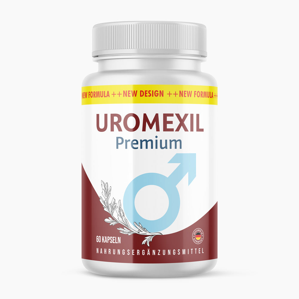 Weiße Kunststoffdose Uromexil Premium mit 60 Kapseln und blauem Männersymbol
