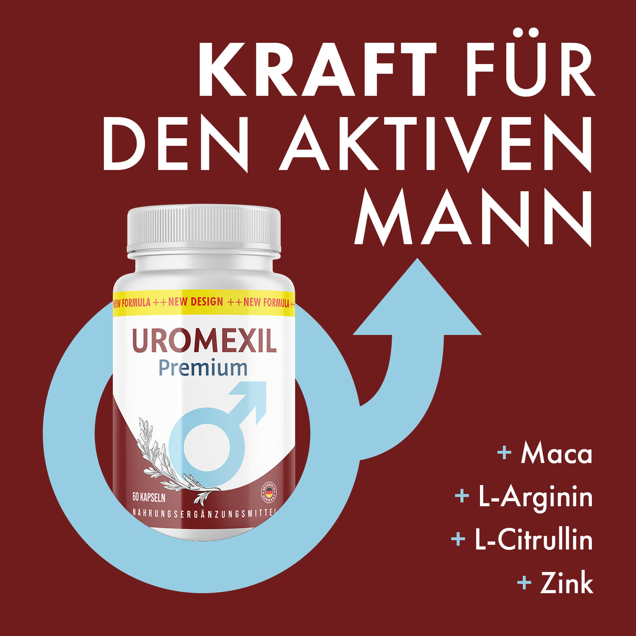 Grafik mit Uromexil Premium Dose, Pfeilsymbol und Schrift Kraft für den aktiven Mann