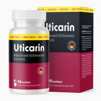 Thumbnail for Weiße Dose mit rotem Etikett Uticarin Advanced Echinacea Formula 90 Kapseln vor passender Faltschachtel