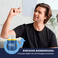 Thumbnail for Person hält zwei Kapseln hoch, daneben V-Rex Complex und Einnahmehinweis zur täglichen Dosierung