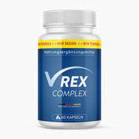 Thumbnail for Dose V-Rex Complex mit blauem Etikett, 60 Kapseln und sichtbarem Hinweis Designed in Germany