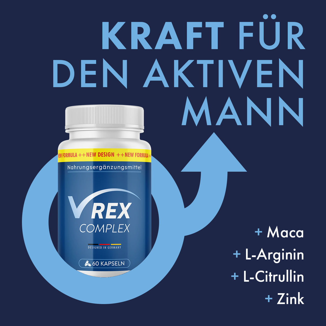 Dose V-Rex Complex mit Text Kraft für den aktiven Mann und Zutaten Maca, L-Arginin, L-Citrullin, Zink
