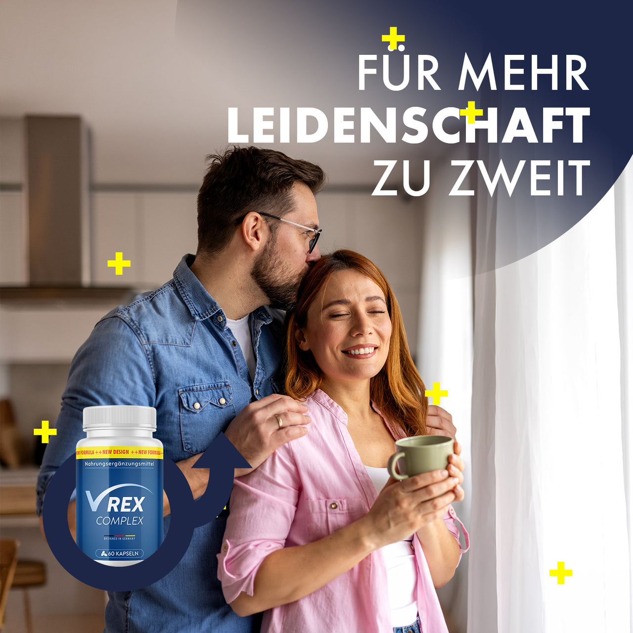 V-Rex Complex neben Paar, Mann küsst Frau auf den Kopf, dazu Text Für mehr Leidenschaft zu zweit