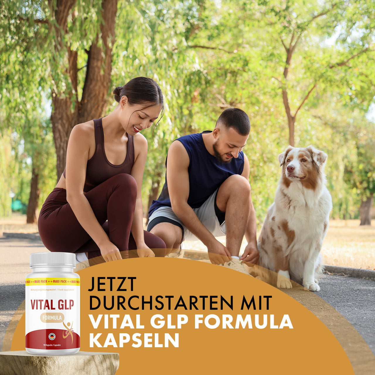 Vital GLP Formula Kapseln mit zwei Personen beim Schuhe binden im Park und sitzendem Hund im Bild