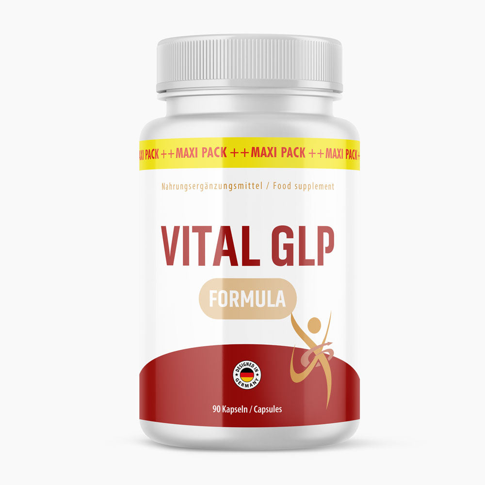 Vital GLP Formula Dose mit weiß-rotem Etikett, Maxi-Pack-Hinweis und Angabe 90 Kapseln