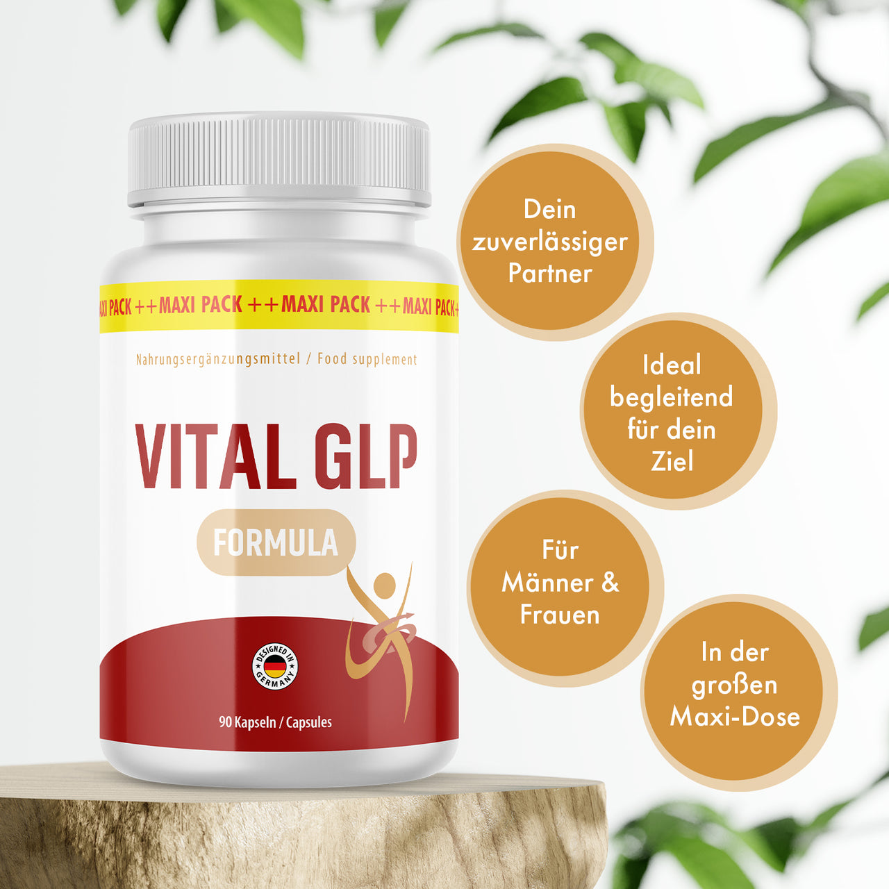 Vital GLP Formula Dose mit vier Infokreisen zu Ziel, Männern und Frauen sowie großer Maxi-Dose