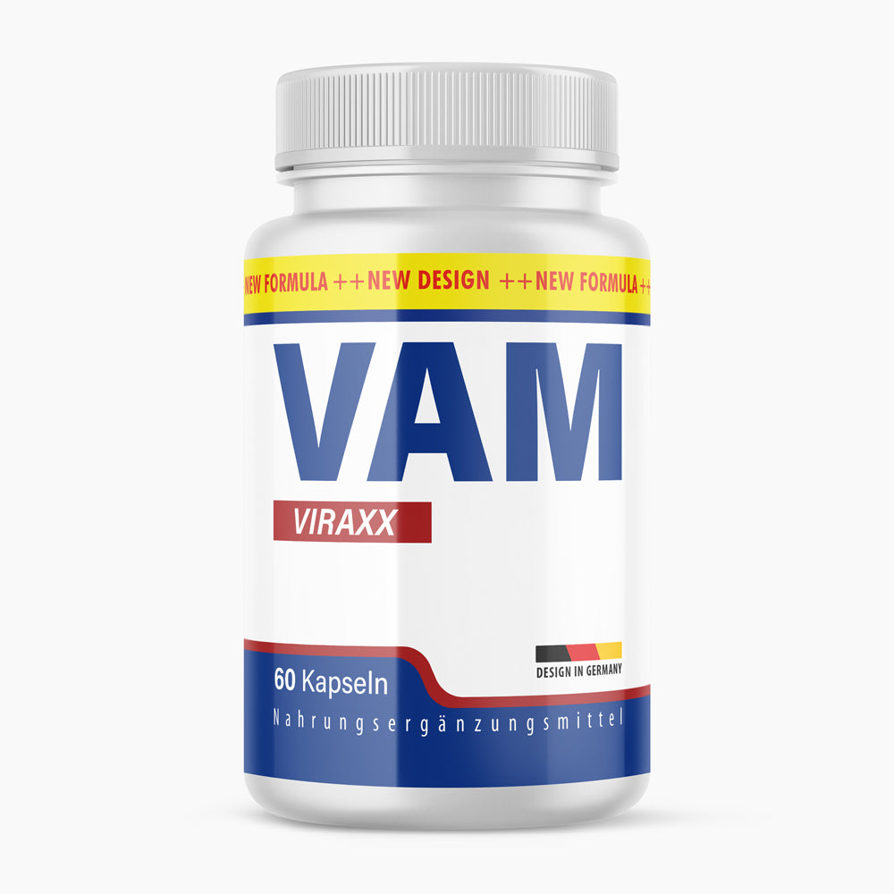 Weiße Kunststoffdose mit Schrift VAM Viraxx, 60 Kapseln und blauem Etikett