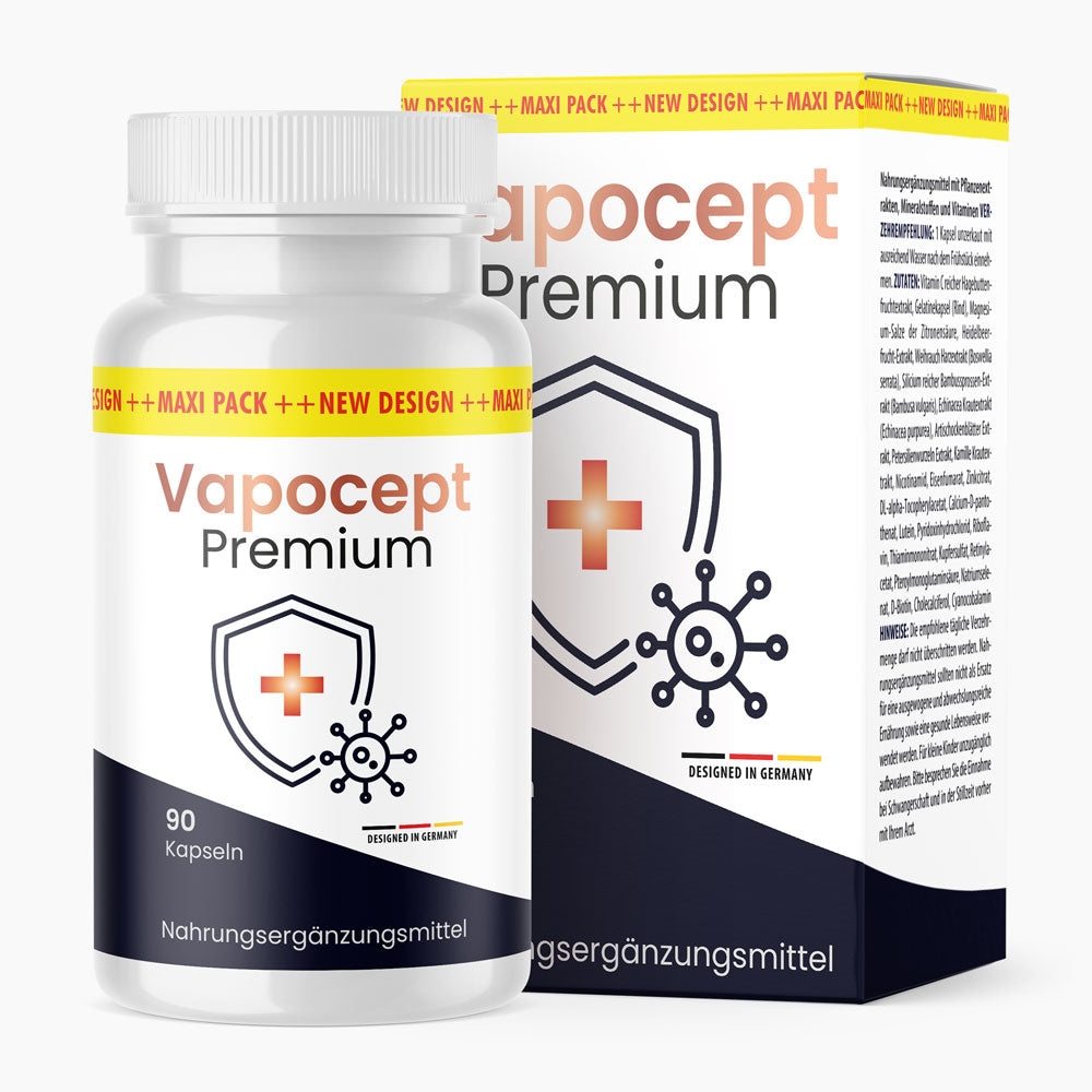 Vapocept Premium, Dose mit 90 Kapseln vor der zugehörigen Verpackung des Nahrungsergänzungsmittels