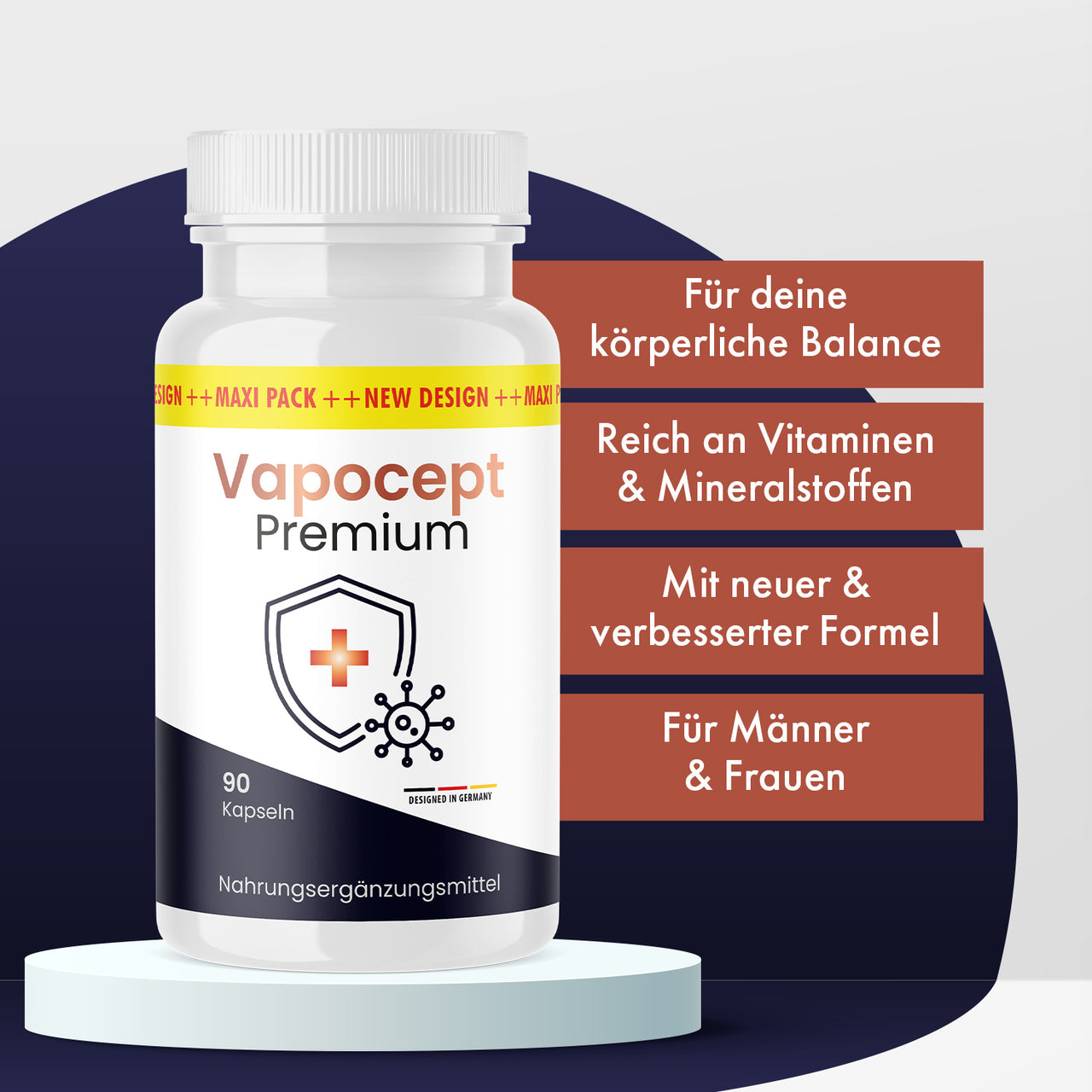Vapocept Premium mit 90 Kapseln und Hinweisen zu Vitaminen, Mineralstoffen und neuer Formel