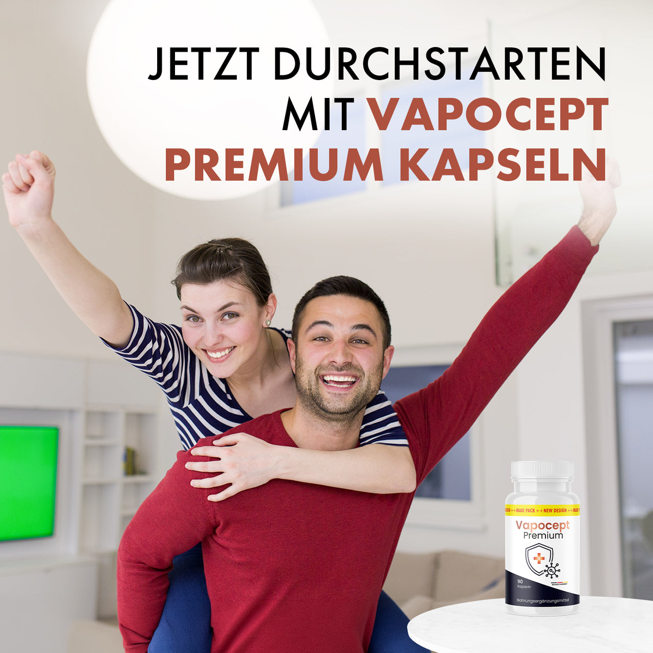 Vapocept Premium Kapseln mit lachendem Paar und dem Slogan Jetzt durchstarten im Hintergrund