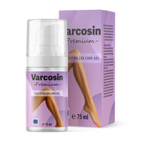 Thumbnail for Flasche mit Pumpspender und Etikett Varcosin Premium 75 ml vor passender Faltschachtel mit Beinabbildung