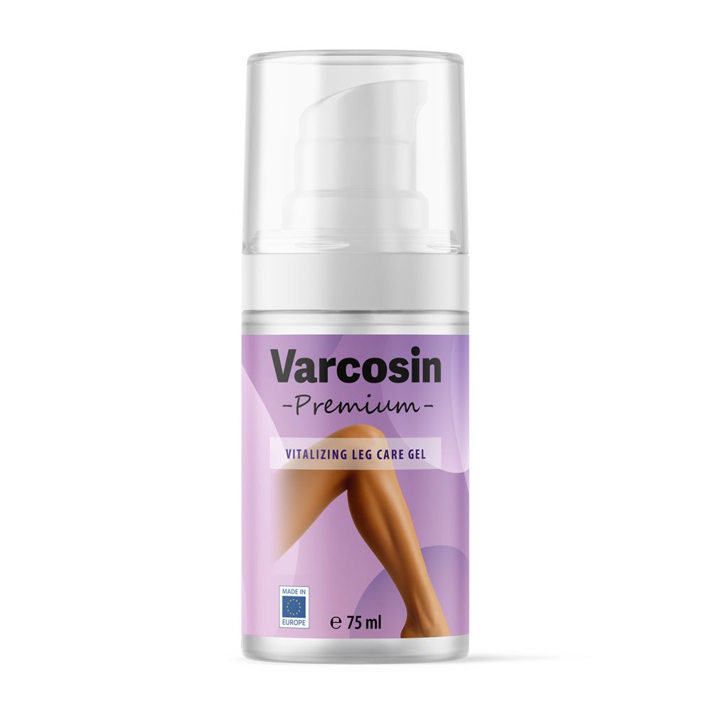 Flasche mit Pumpspender und Etikett Varcosin Premium 75 ml mit Beinabbildung 