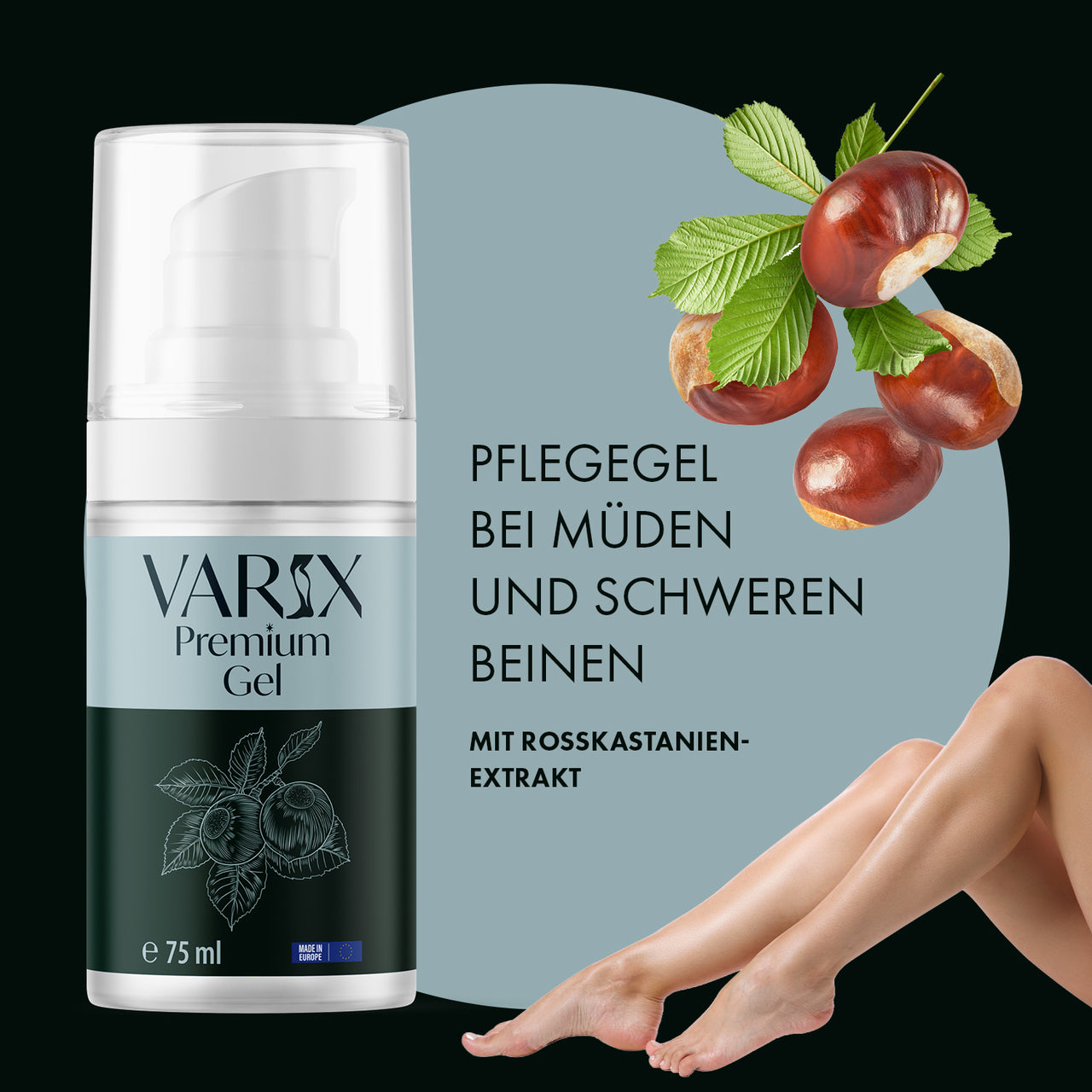 Varix Premium Gel im Pumpspender mit Kastanien, Beinen und sichtbarem Werbetext zum Pflegegel