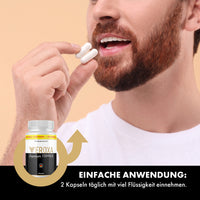 Thumbnail for Veroxa Premium Formula neben Mann mit zwei Kapseln und Einnahmehinweis zur täglichen Einnahme