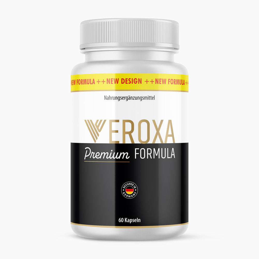 Veroxa Premium Formula Nahrungsergänzungsmittel in weißer Dose mit schwarzem Etikett und 60 Kapseln