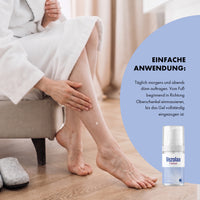 Thumbnail for Person trägt Vezolax Premium Pflegegel am Unterschenkel auf, daneben Anwendungshinweise und Produkt