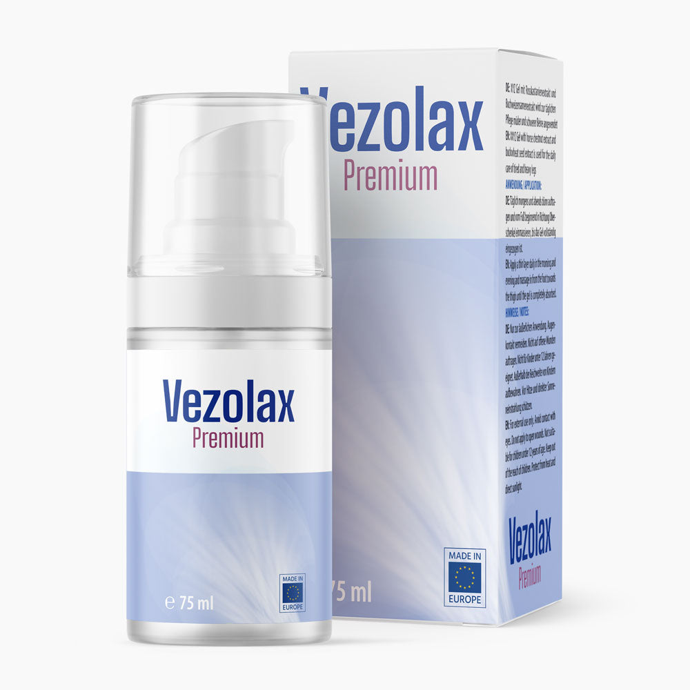 Vezolax Premium Pumpspender mit 75 ml Inhalt vor passender Produktverpackung in Weiß und Blau