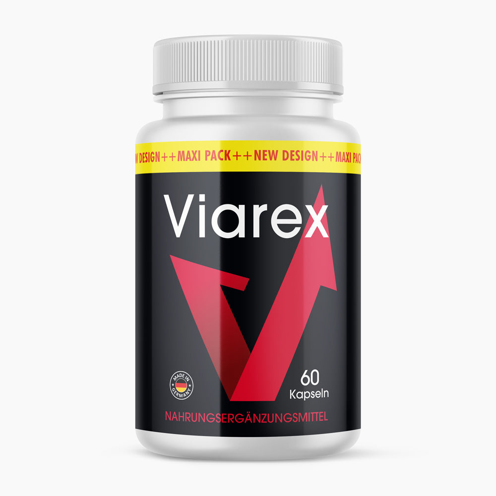 Dose mit Etikett Viarex und großem roten V-Pfeil auf schwarzem Hintergrund, 60 Kapseln