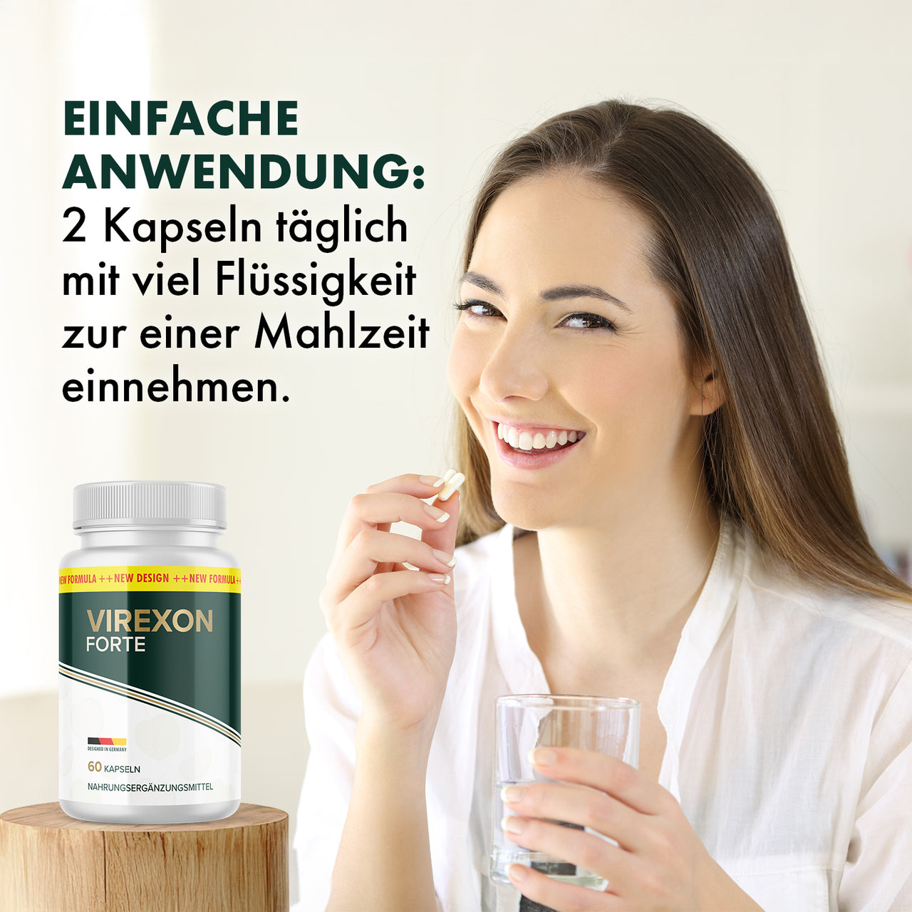 Frau hält eine Kapsel und ein Glas, daneben Virexon Forte Dose mit Einnahmehinweis zu 2 Kapseln