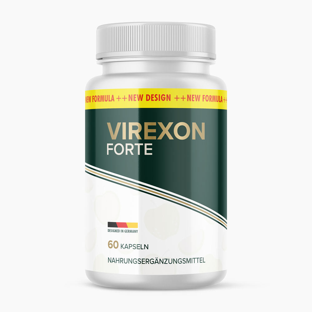 Virexon Forte Dose mit 60 Kapseln und Kennzeichnung als Nahrungsergänzungsmittel auf weißem Grund
