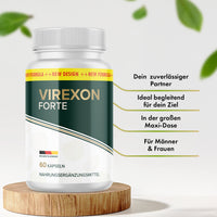 Thumbnail for Virexon Forte Dose mit 60 Kapseln auf Holzsockel, rechts daneben vier sichtbare Produktmerkmale