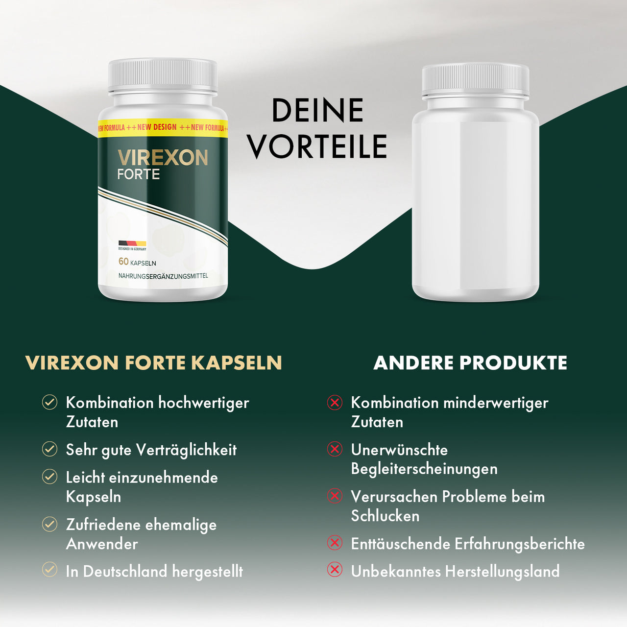 Virexon Forte Dose neben anderer Dose mit Bewertungslisten zu Produktvorteilen und -nachteilen