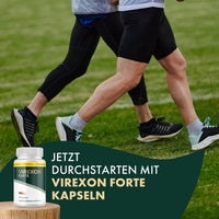 Thumbnail for Zwei Personen joggen auf einer Wiese, daneben eine Dose Virexon Forte Kapseln mit Werbetext
