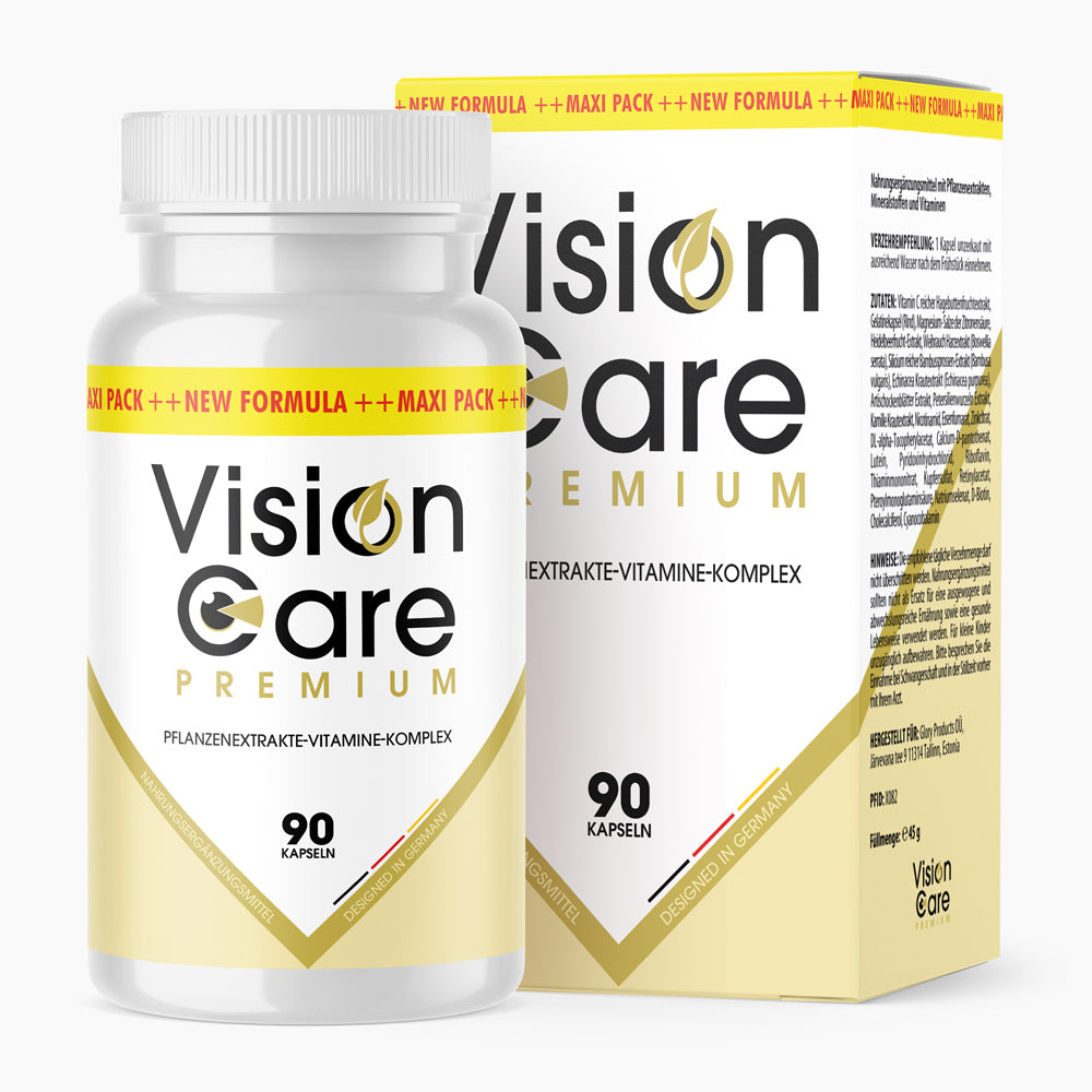 Weiße Dose und passende Verpackung mit Aufdruck Vision Care Premium, 90 Kapseln