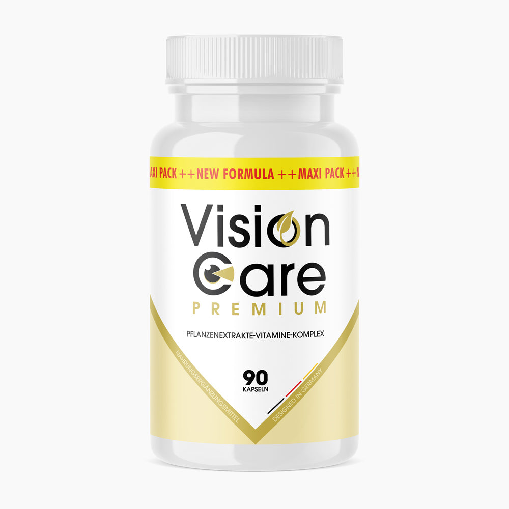 Weiße Kunststoffdose mit gelbem Aufdruck Vision Care Premium und Hinweis auf 90 Kapseln