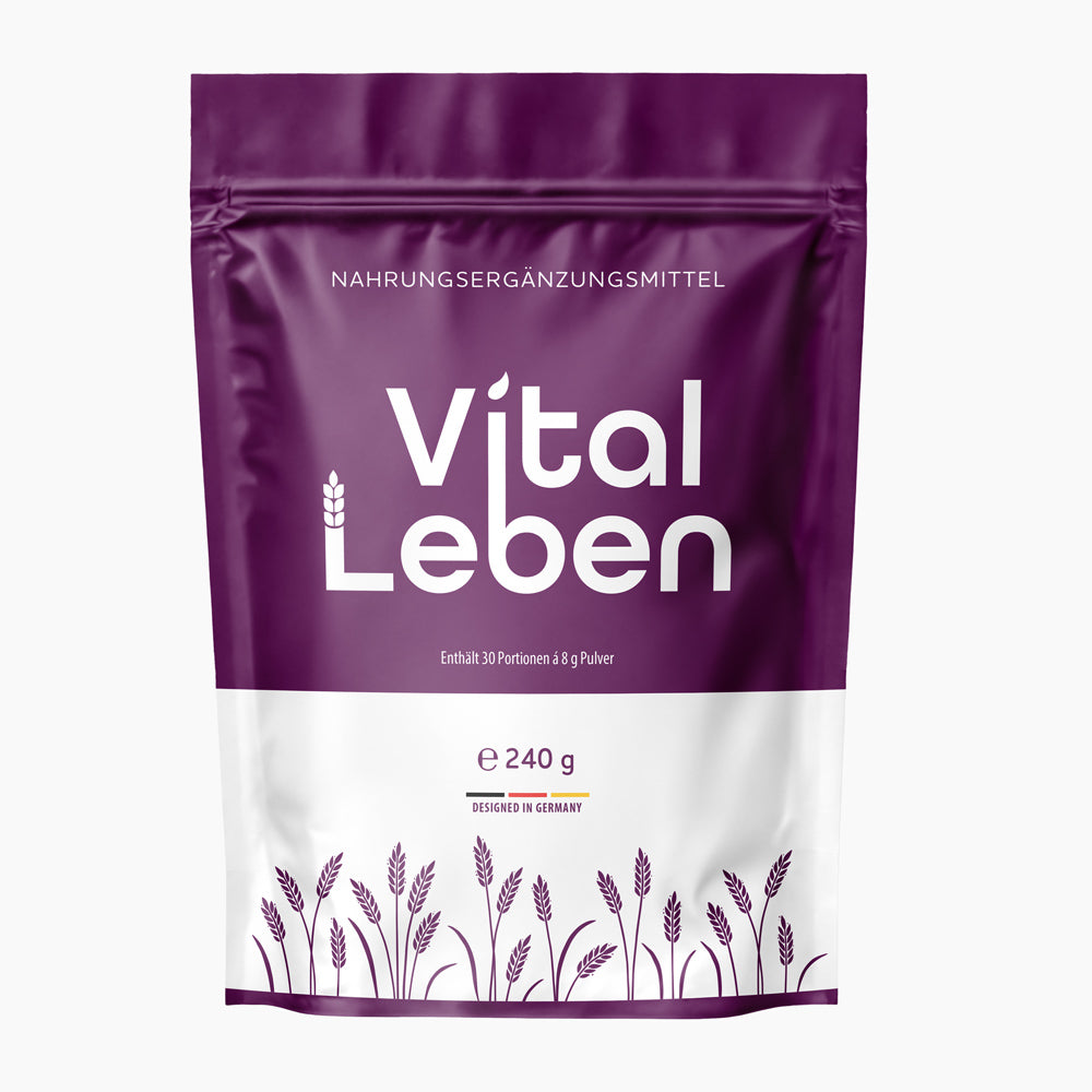 Vital Leben Nahrungsergänzungsmittel im violett-weißen Beutel mit Getreidegrafik, 240 g Packung