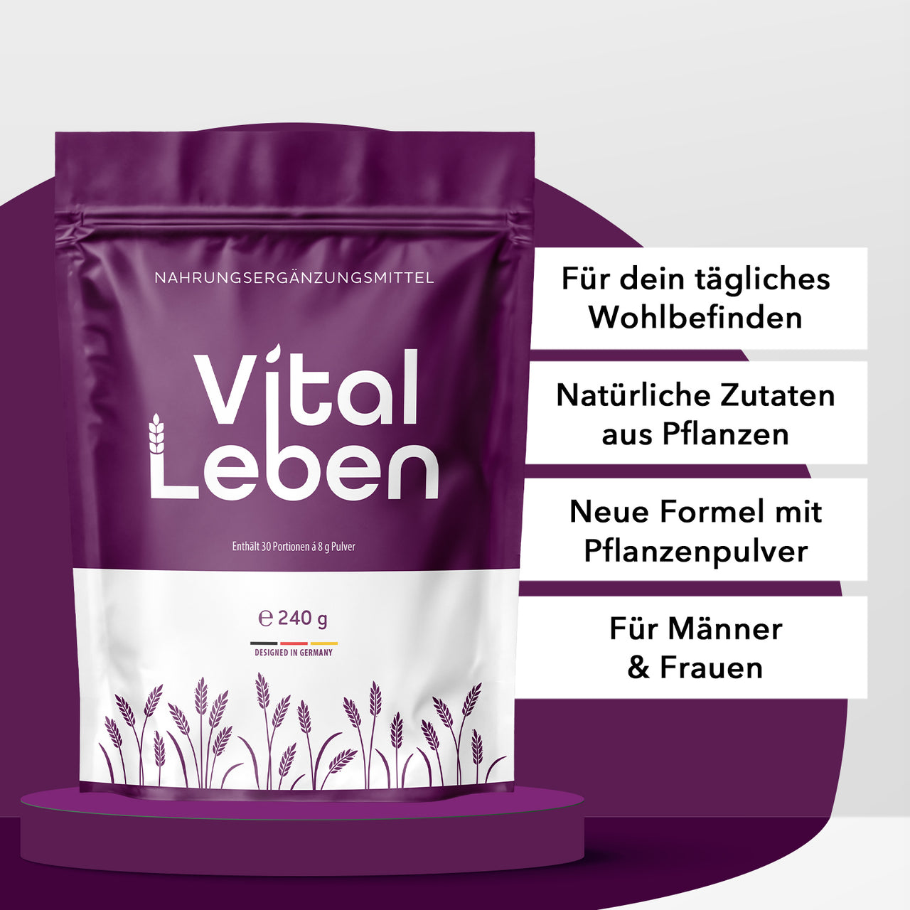 Vital Leben Beutel mit 240 g Pulver, daneben Textfelder zu Zutaten, Pflanzenpulver und Zielgruppe