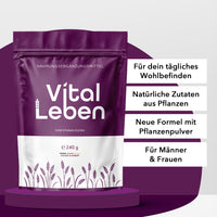 Thumbnail for Vital Leben Beutel mit 240 g Pulver, daneben Textfelder zu Zutaten, Pflanzenpulver und Zielgruppe