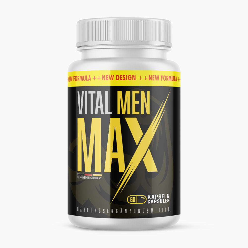 Kunststoffdose mit schwarzem Etikett und gelbem Schriftzug Vital Men Max, 60 Kapseln