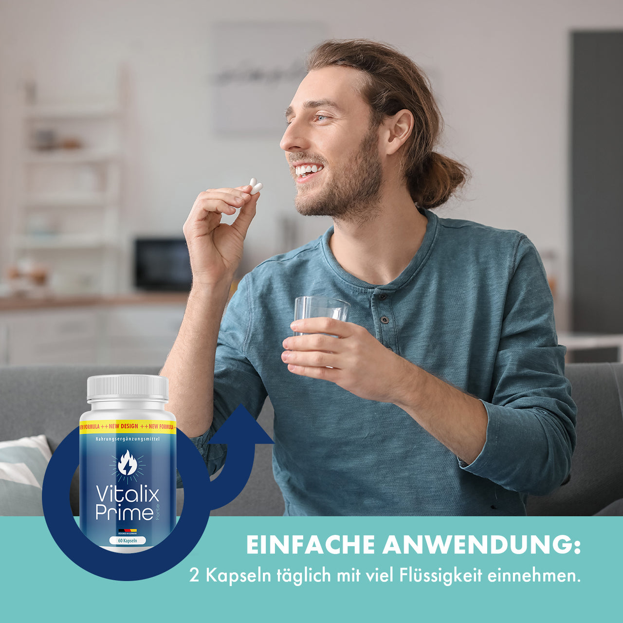 Vitalix Prime Forte Grafik mit Mann, Kapsel und Glas Wasser, einfache Anwendung mit 2 Kapseln