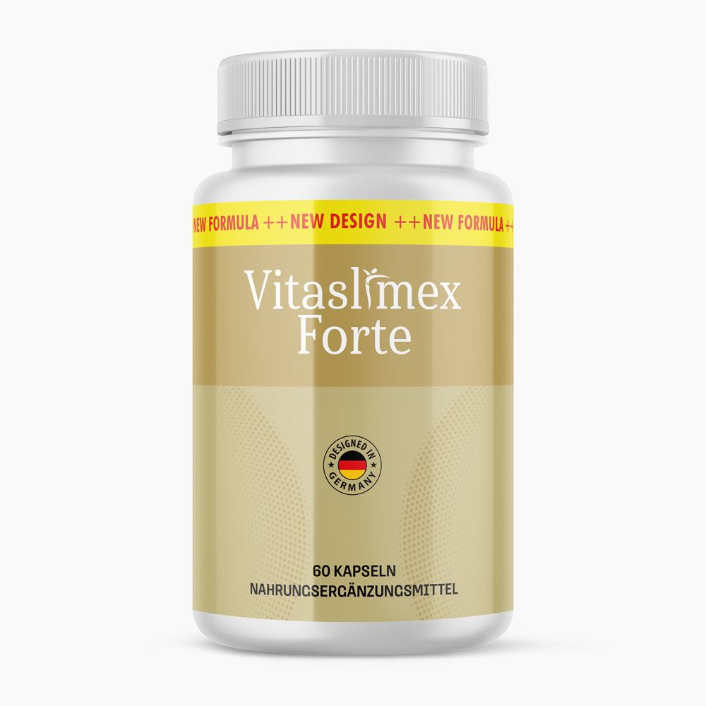 Vitaslimex Forte Nahrungsergänzungsmittel in weißer Dose mit 60 Kapseln und goldenem Etikett