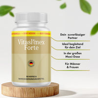 Thumbnail for Vitaslimex Forte Dose mit 60 Kapseln auf Holzpodest, daneben vier sichtbare Produktmerkmale