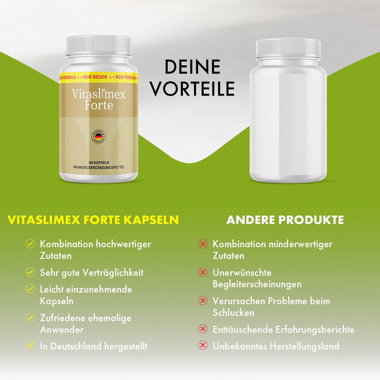 Vergleichsgrafik zu Vitaslimex Forte und anderen Produkten mit Vorteils- und Nachteilslisten