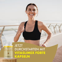 Thumbnail for Vitaslimex Forte Dose neben einer lächelnden Frau beim Joggen und dem Text „Jetzt durchstarten“