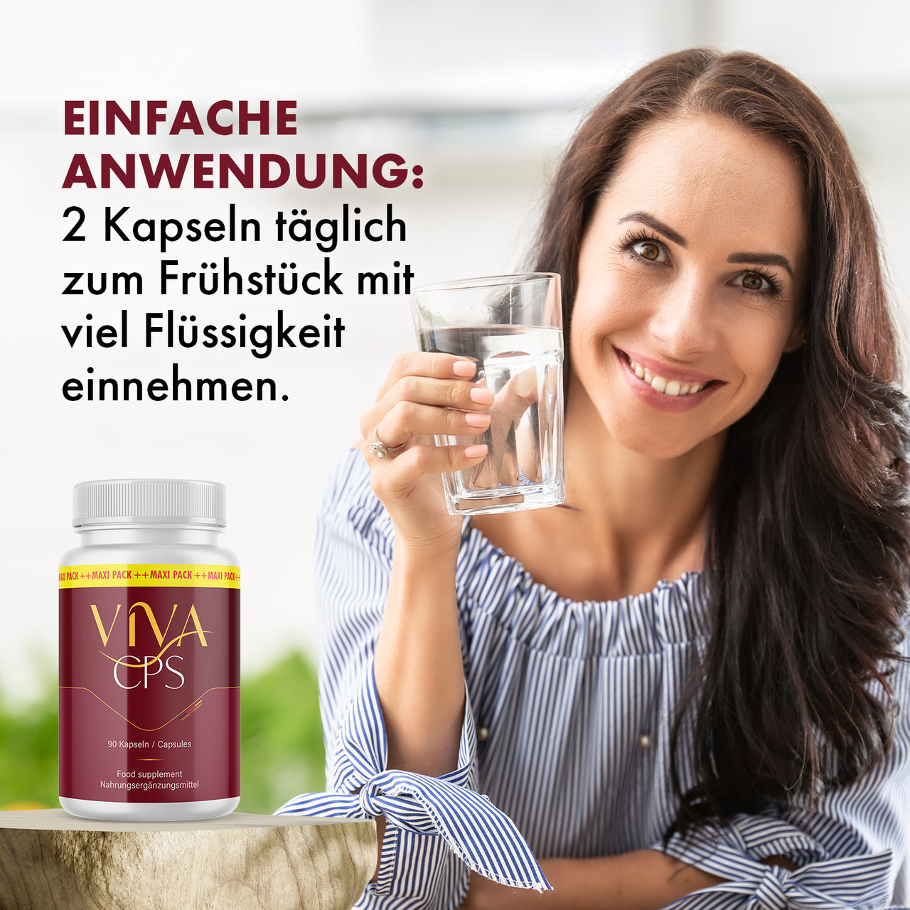 Viva Cps: Anwendungshinweis „2 Kapseln täglich zum Frühstück mit viel Flüssigkeit einnehmen“