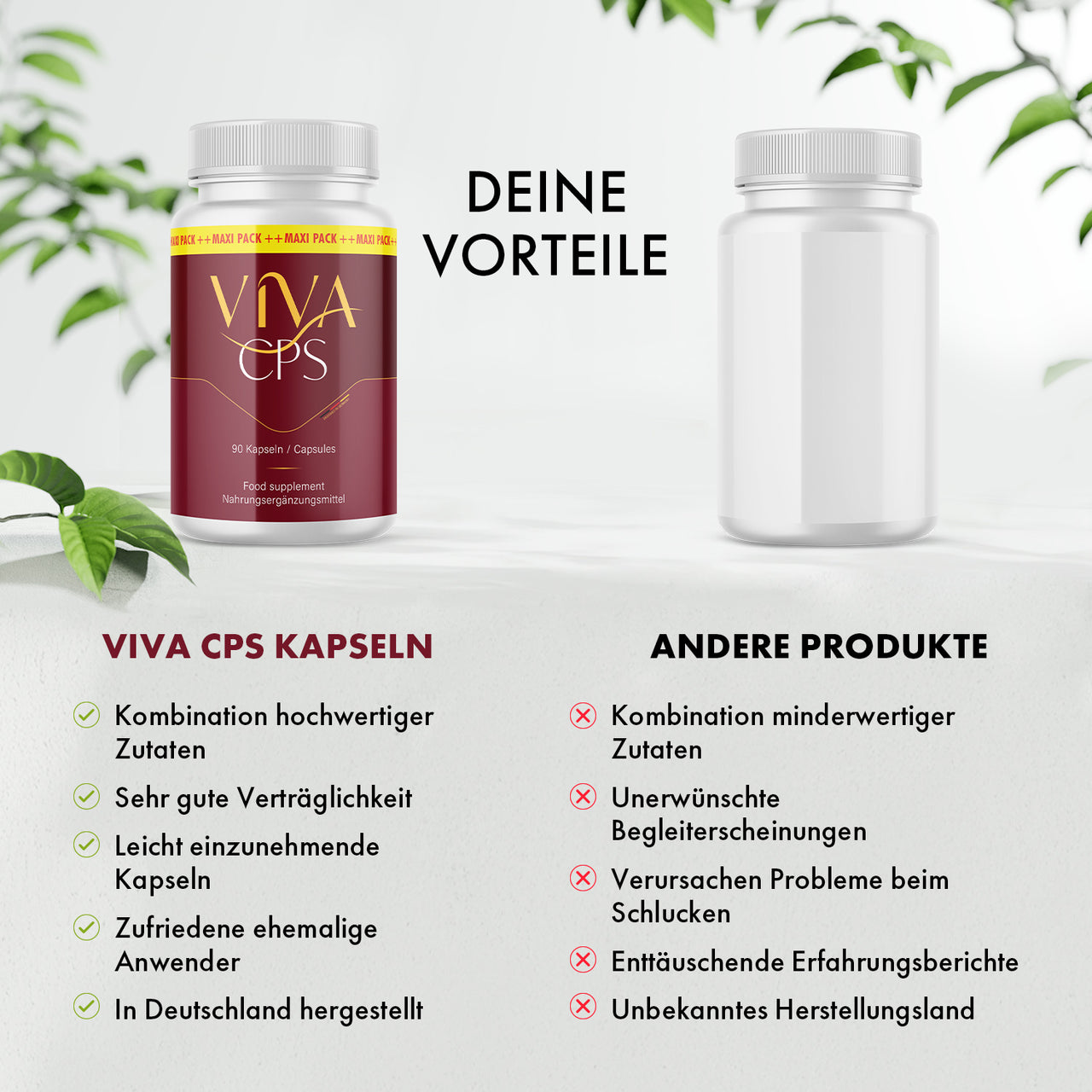 Werbegrafik zu Viva Cps mit beworbenen Vorteilen und behaupteten Nachteilen anderer Kapselprodukte