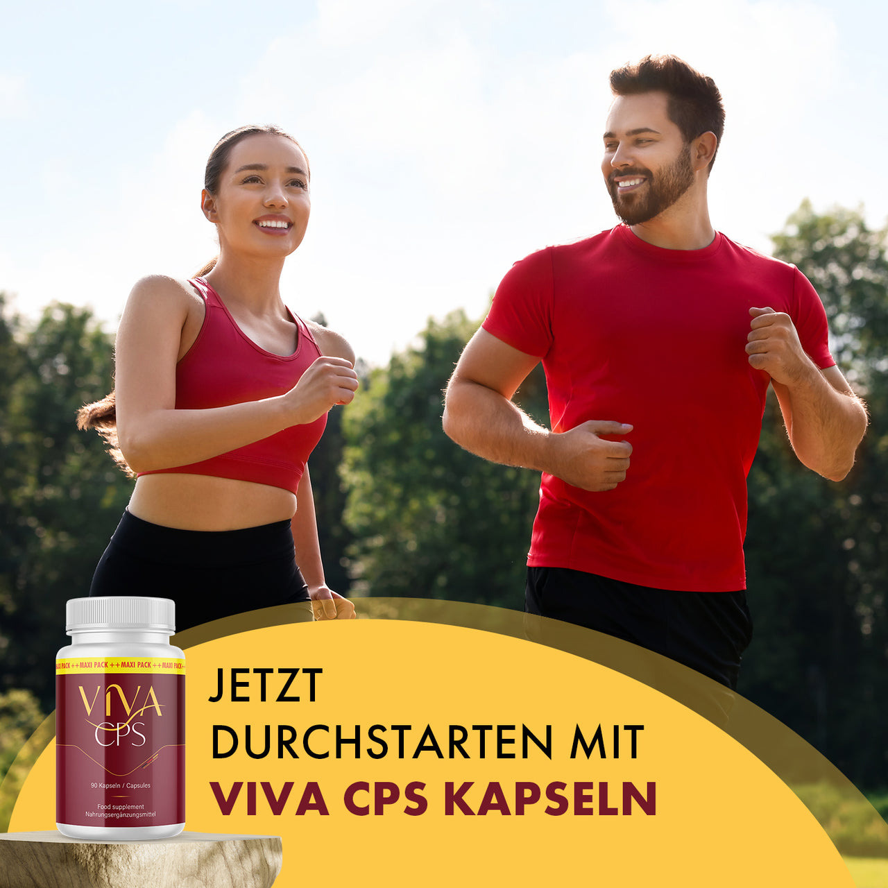 Werbegrafik „Jetzt durchstarten mit Viva Cps Kapseln“ mit zwei Personen in roter Sportkleidung