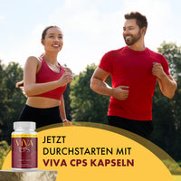 Thumbnail for Werbegrafik „Jetzt durchstarten mit Viva Cps Kapseln“ mit zwei Personen in roter Sportkleidung