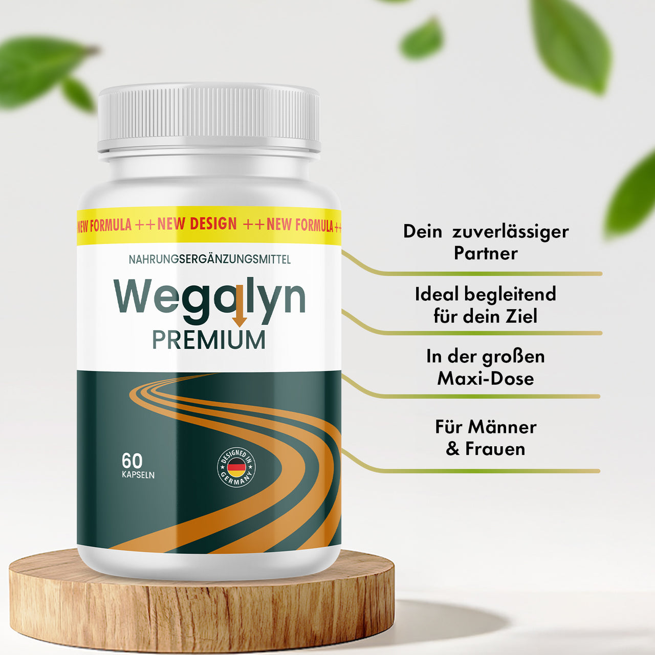 Dose Wegolyn Premium auf Holzpodest mit vier sichtbaren Produktmerkmalen und dekorativen Blättern