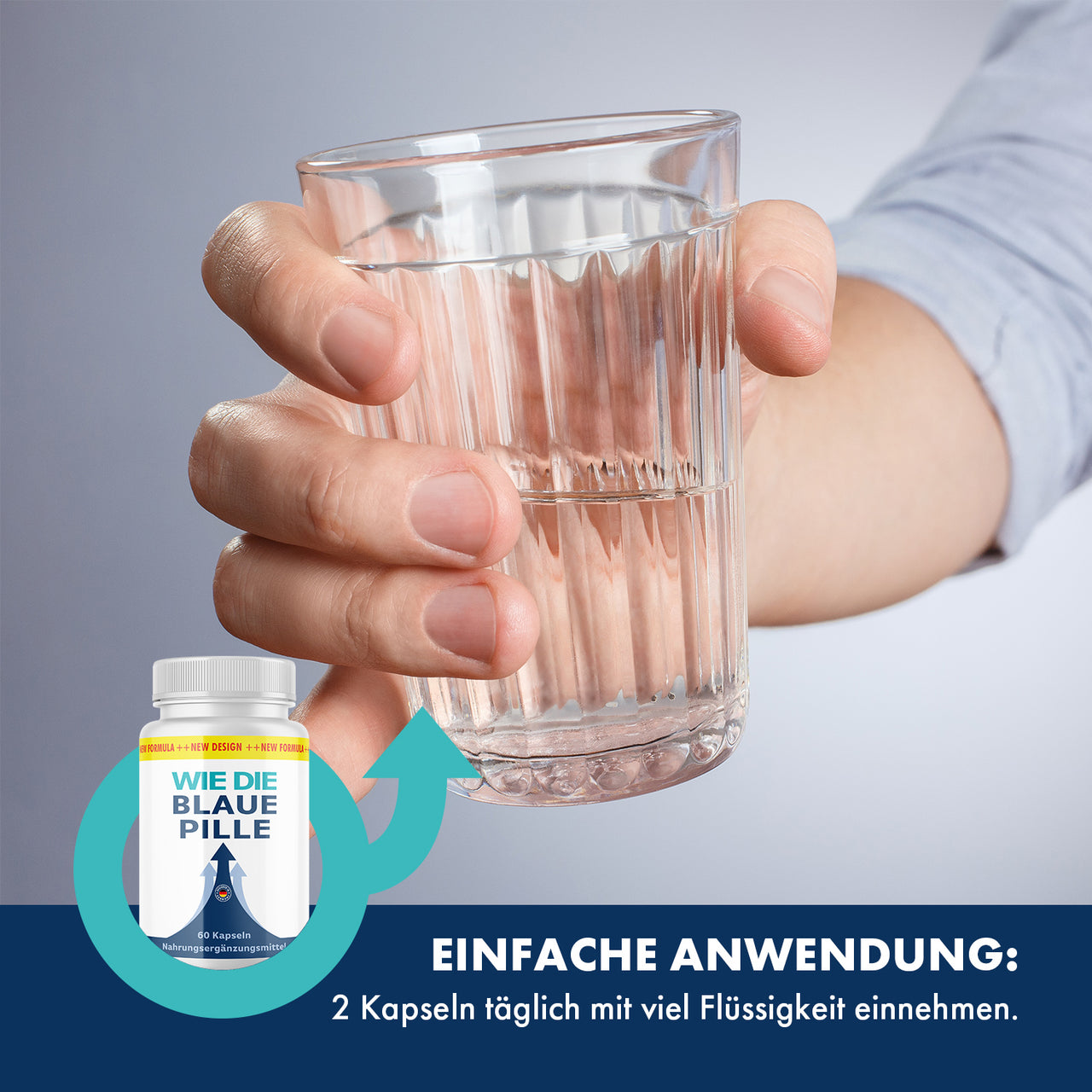 Hand mit Wasserglas, Produktabbildung und Anwendungstext im unteren Bildbereich