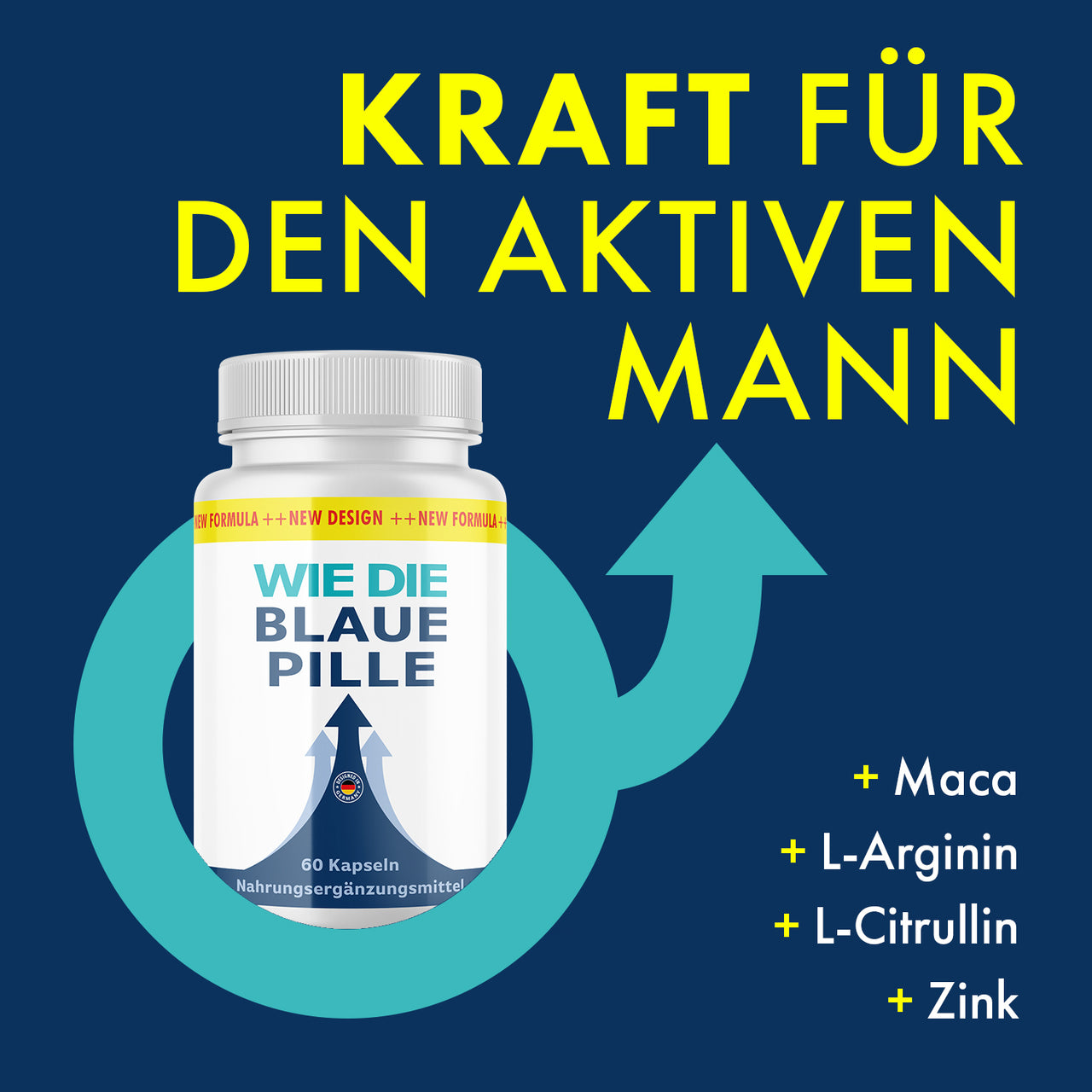 Dose mit Schriftzug Wie die blaue Pille, Pfeilsymbol und Zutatenliste rechts