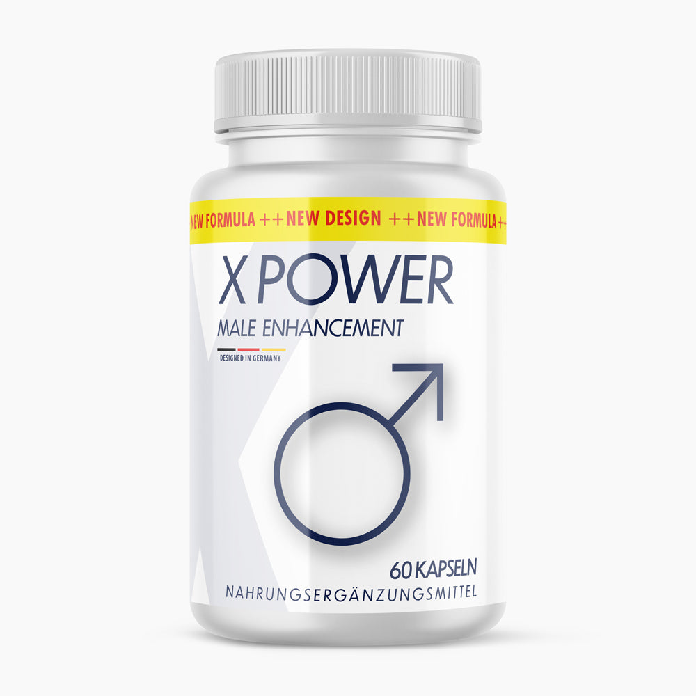 Weiße Kunststoffdose mit Schrift X Power Male Enhancement, 60 Kapseln und Symbol mit Pfeil