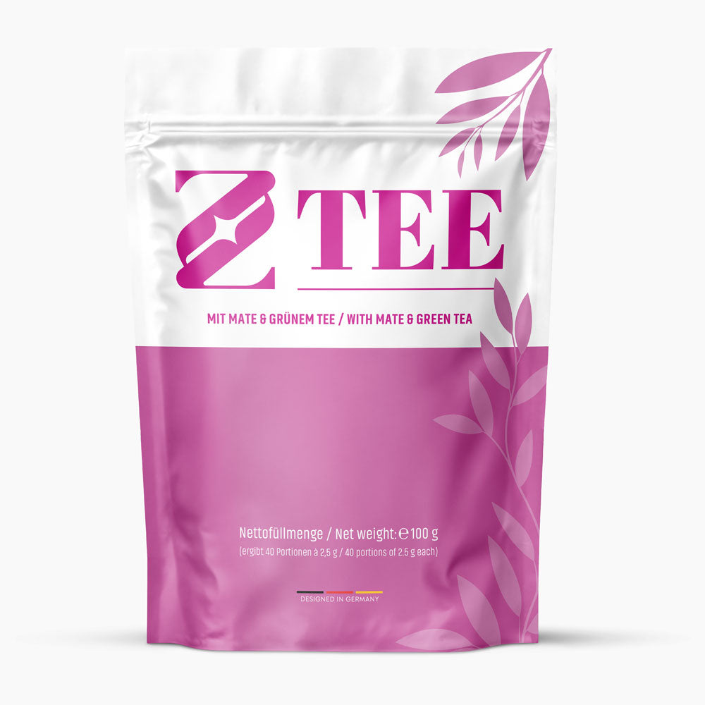 Z Tee Beutel mit Mate und grünem Tee, pink-weiß gestaltet, mit sichtbarer Angabe 100 g Nettogewicht
