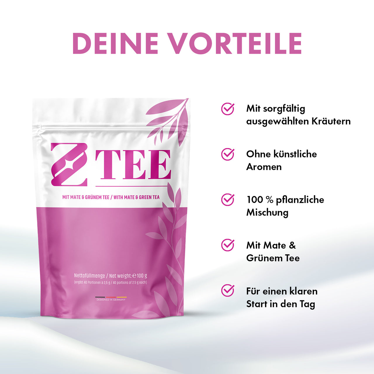 Z Tee Beutel mit Hinweisen zu ausgewählten Kräutern, pflanzlicher Mischung, Mate und grünem Tee
